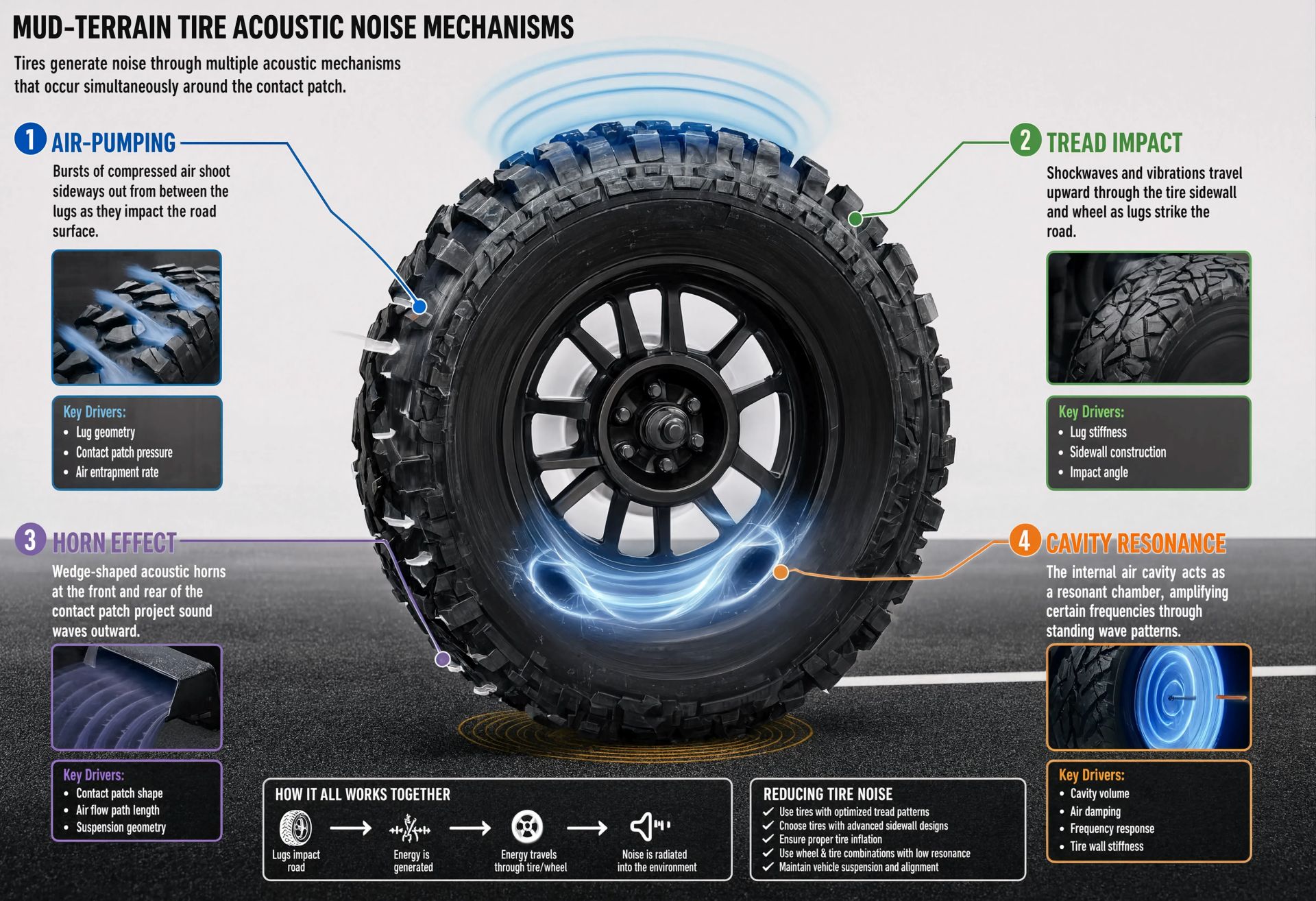 Tire noise mechanisms front view